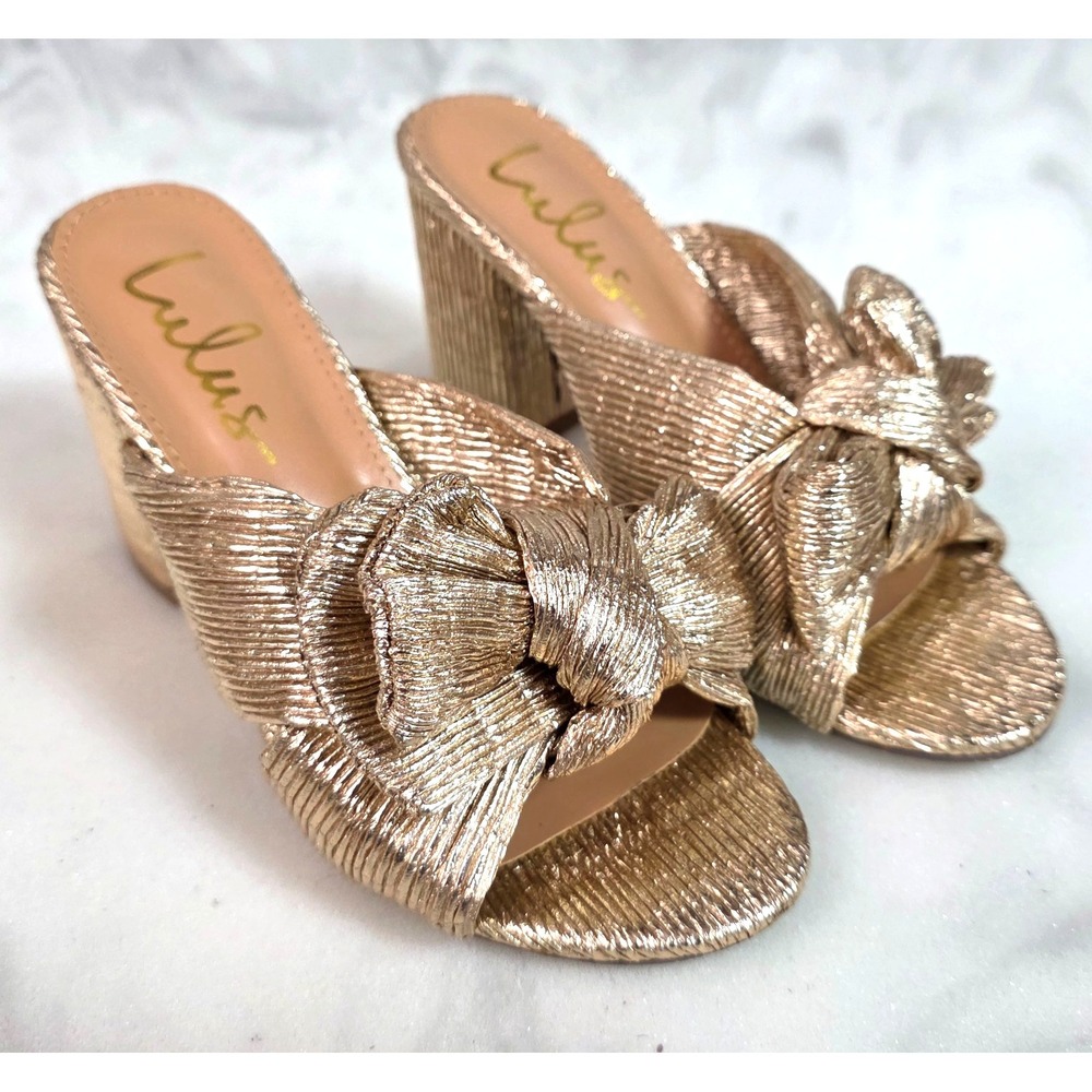 Lulus Gold Bow Block Heel Sandals Womens 5 Metallic Slip On Wedding Party Bridal - Picture 1 of 14